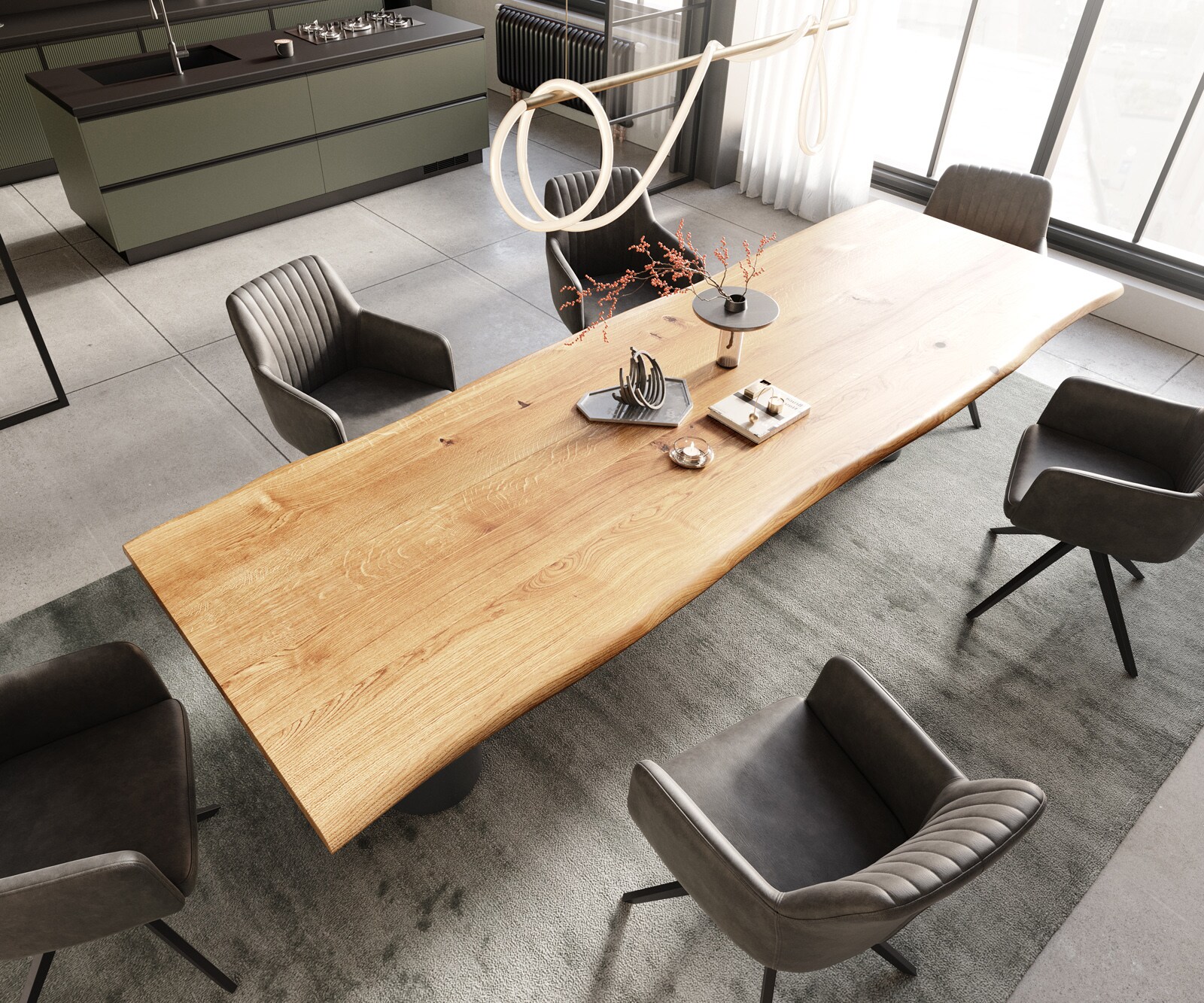 Stół do jadalni Edge 300x100x4cm dąb naturalny rama Pilier metal czarny live-edge 4