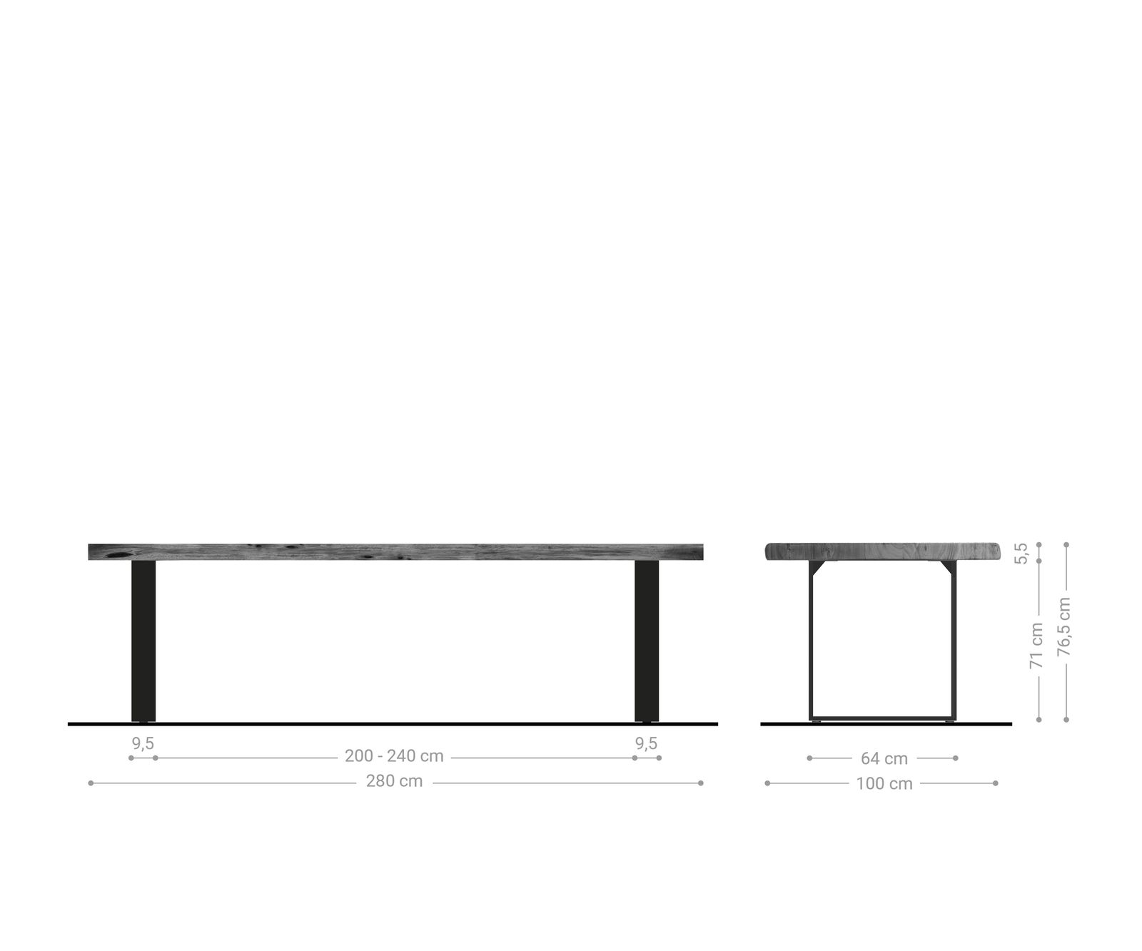 Stół do jadalni Edge 280x100cm XL akacja naturalna stal nierdzewna live-edge 7