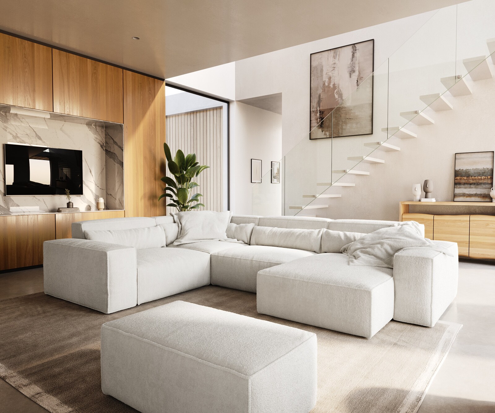 Sofa w kształcie litery U Sirpio 300x210 cm bouclé kremowo-biały szezlong z możliwością obustronnego montażu z pufem 2