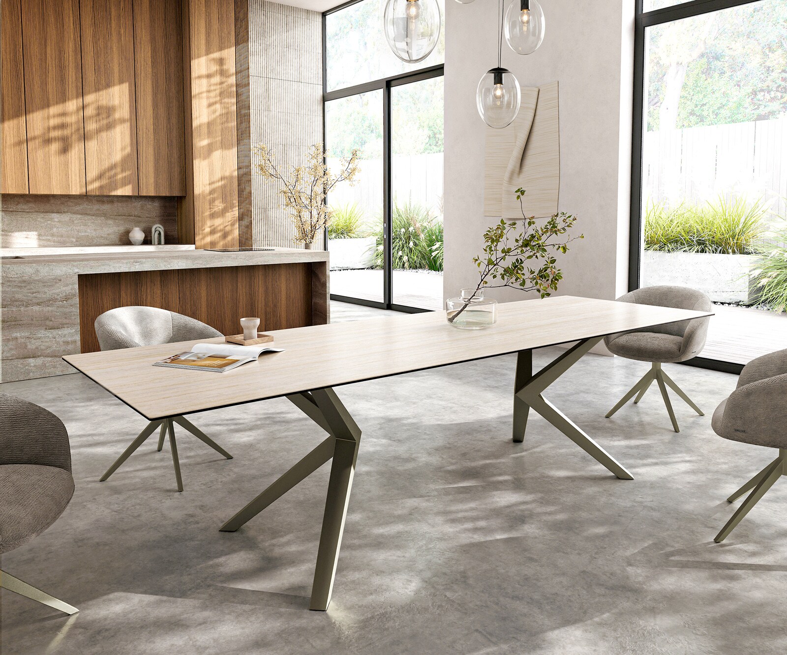 Stół do jadalni Edge 300x100cm ceramika Laminam® Travertino Bianco kremowo-biały rama Zenthara metal kolor tytanowy