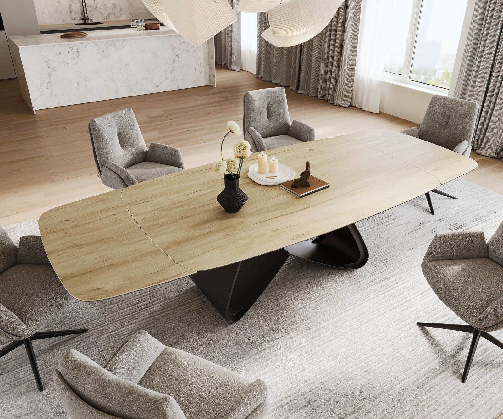 Stół do jadalni Edge w kształcie beczki 200-300x120 cm ceramika Laminam® Sabbia w kolorze dębu rama typu W metal czarny rozkładany 3