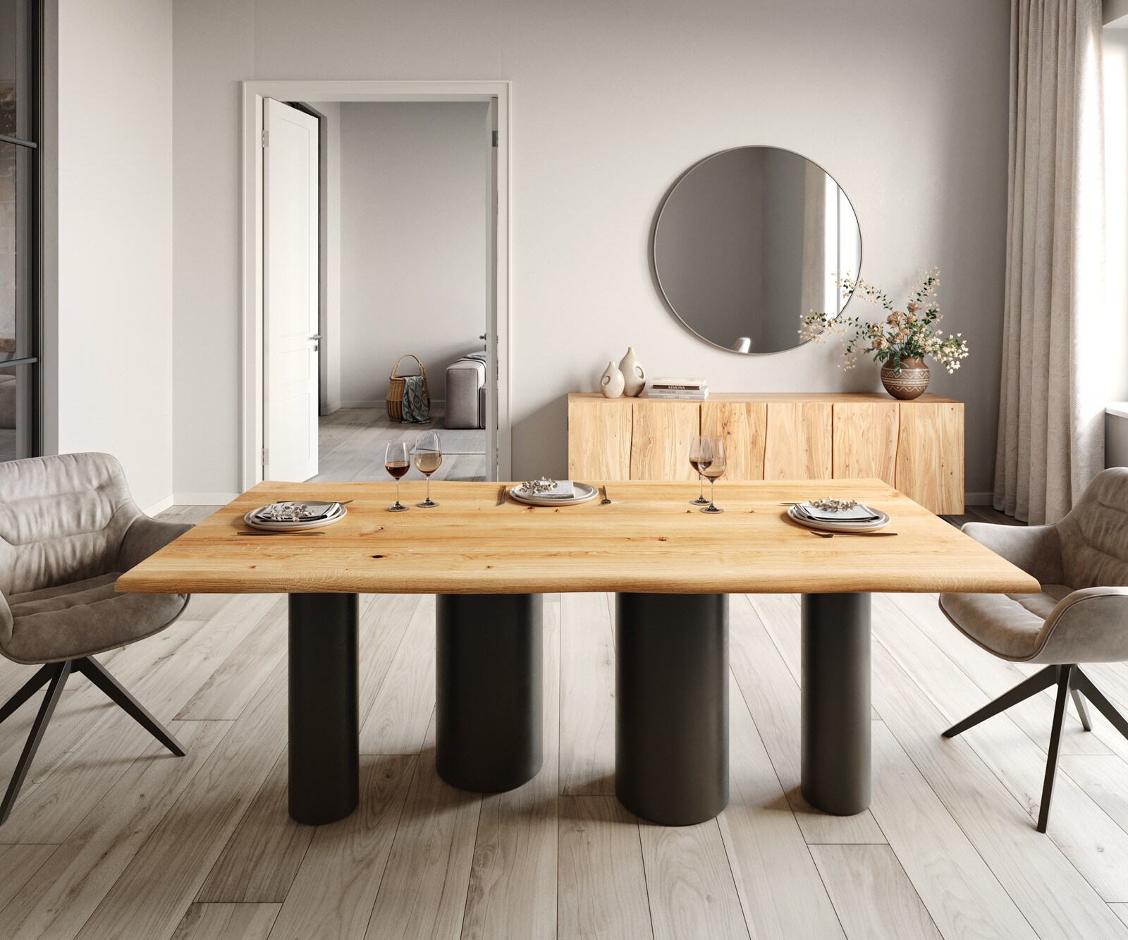 Stół do jadalni Edge 200x100x2,5-3 cm dąb naturalny rama Pilier metal czarny live-edge 2