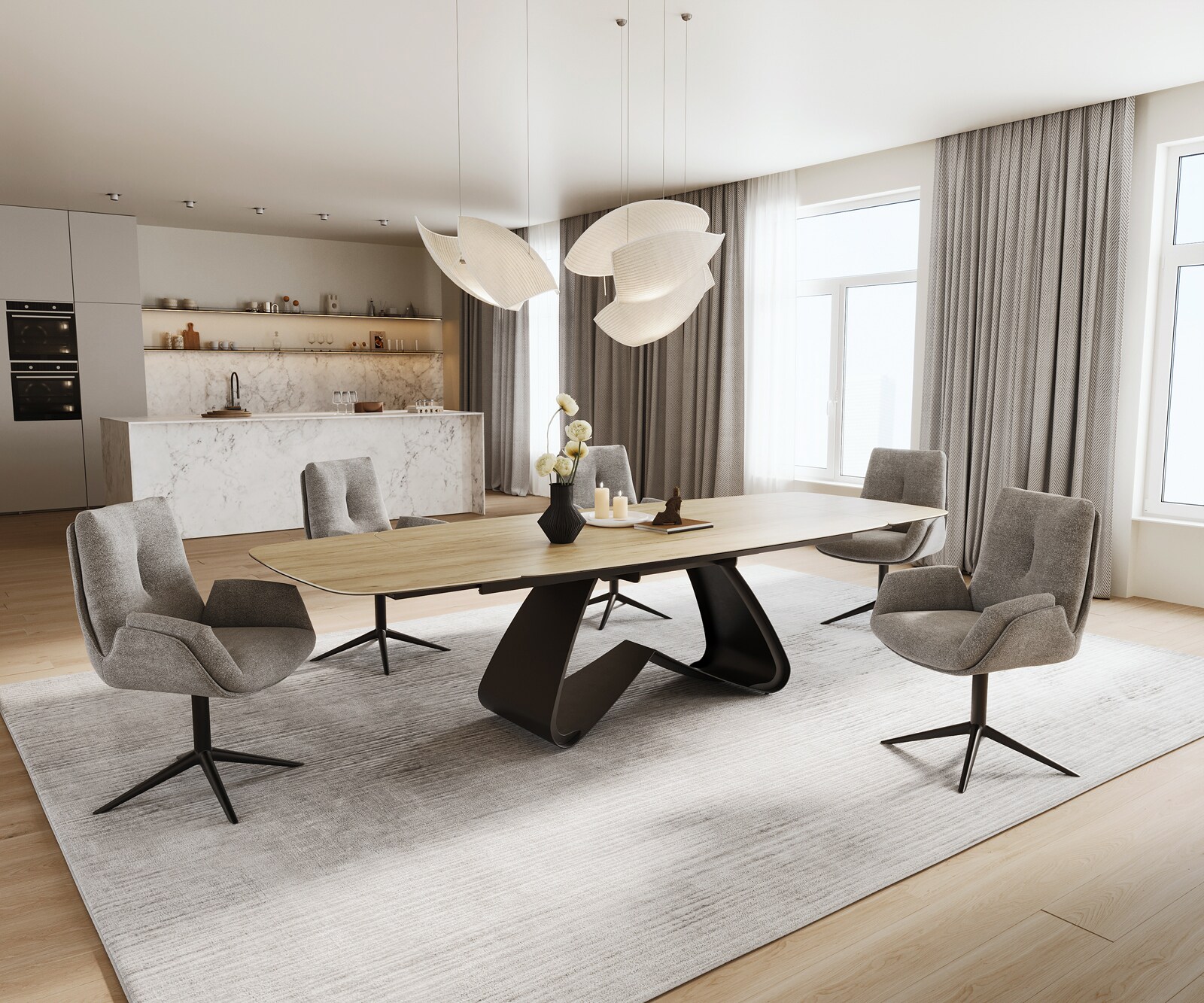 Stół do jadalni Edge w kształcie beczki 200-300x120 cm ceramika Laminam® Sabbia w kolorze dębu rama typu W metal czarny rozkładany 6