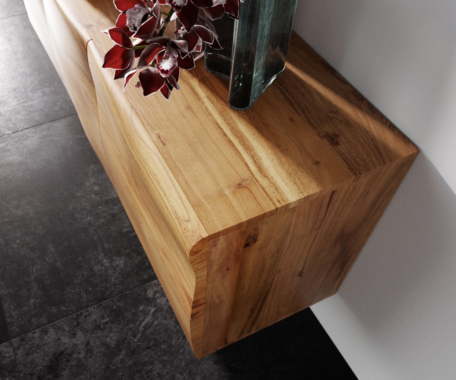 Komoda New Live-Edge 145 cm akacja naturalna 3 drzwi nóżki płozowe szczotkowana stal nierdzewna 5