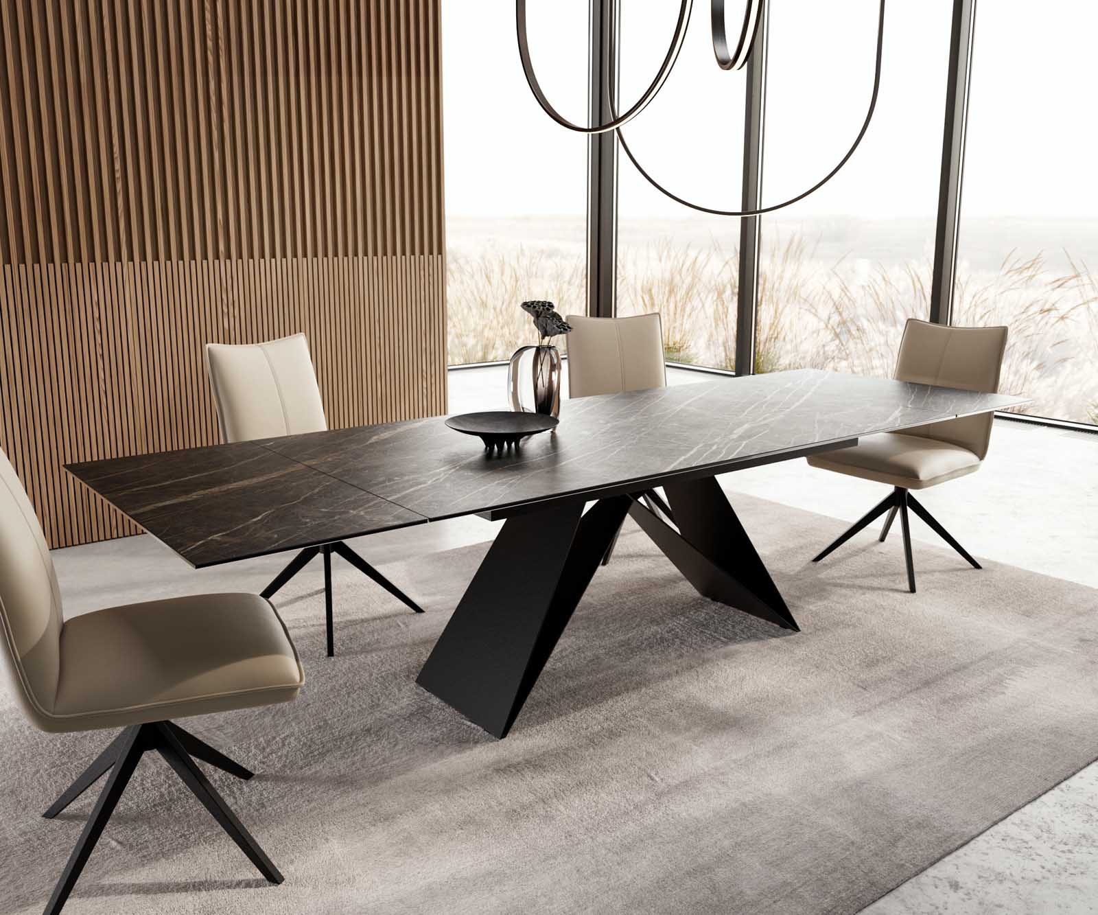 Stół do jadalni Edge 200-300x100 cm ceramika Laminam® Noir Desir brązowy rama V metal czarna rozkładany 6