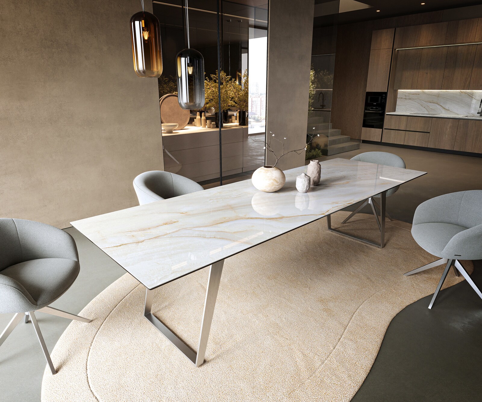 Stół do jadalni Edge 300x100cm ceramika Onyx Pearl stal nierdzewna rama pochylona