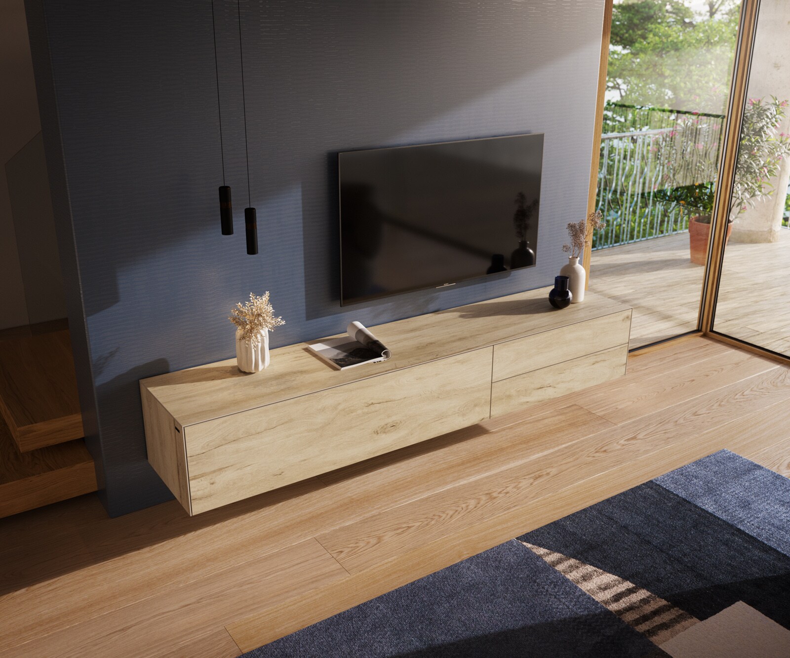Szafka RTV Cuor 220 cm ceramika Laminam® Sabbia (kolor dębu) 1 klapa 2 szuflady podwieszana 3