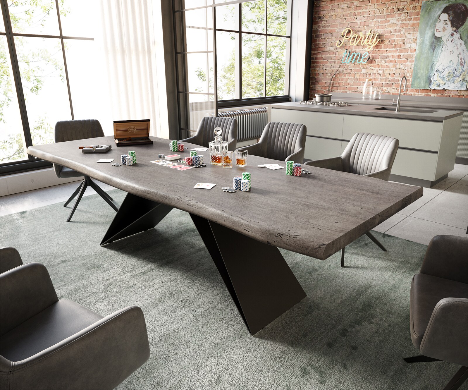 Stół do jadalni Edge 260x100cm XL akacja platynowa rama V metal czarny