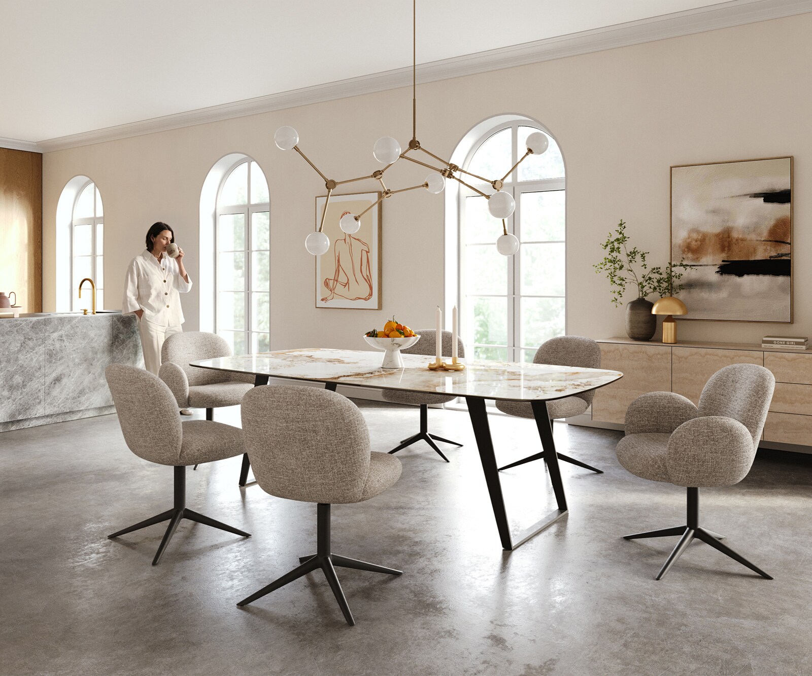 Stół do jadalni Edge w kształcie beczki 240x120 cm ceramika Minas Melange biało-beżowa rama pochylona metal czarny 5