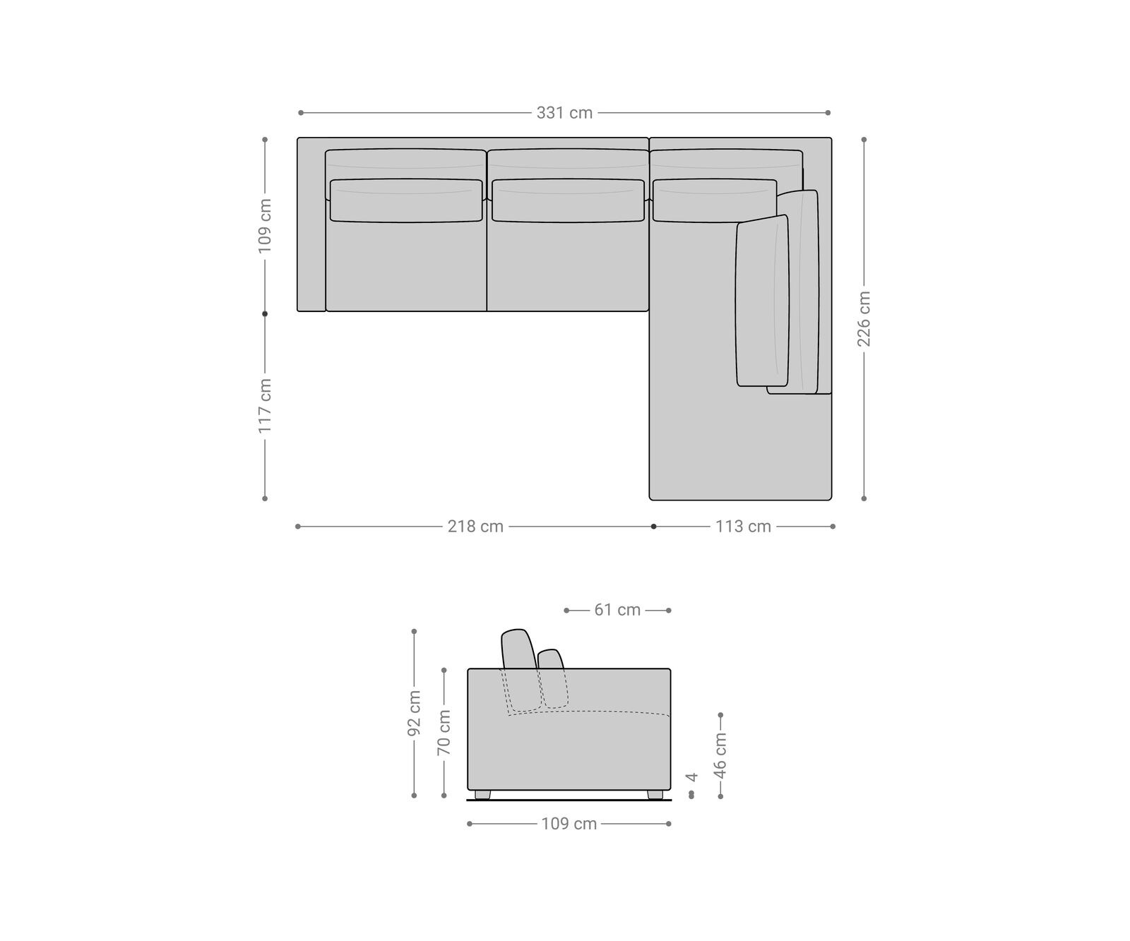 Sofa narożna Isla 330x225cm szenil antracyt szezlong prawy 7