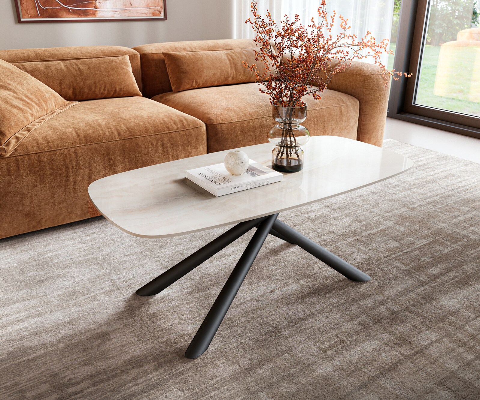 Stolik kawowy Edge w kształcie beczki 100x50 cm ceramika Onyx Champagne podstawa Sarity metal czarny 1
