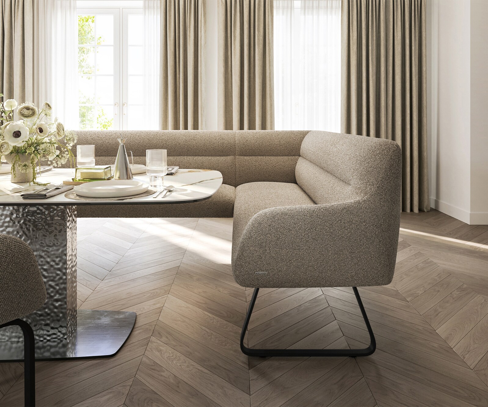 Ławka do jadalni Taya-Flex 285x190 cm bouclé szaro-brązowy podstawa płozowa płaska metal czarny sprężyny kieszeniowe lewa 5