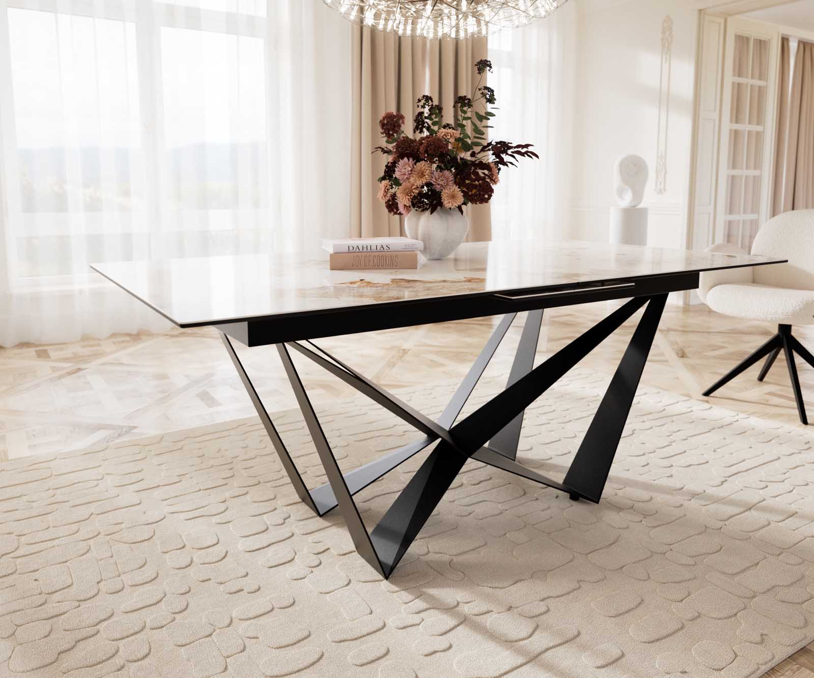 Stół do jadalni Edge 180-220x100 cm ceramika Minas Melange biało-beżowy rama Spider metal czarna rozkładany 6