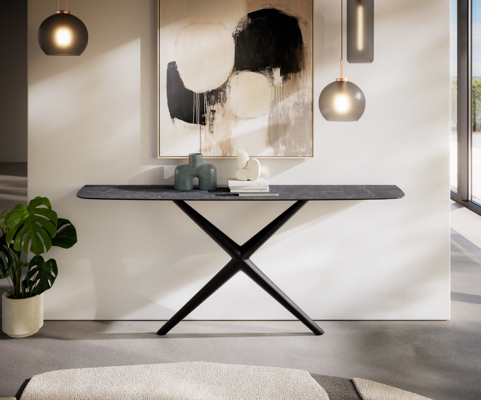 Konsola Edge w kształcie beczki 180x40 cm Laminam® Nero Greco antracytowa rama Estelo metal czarny 1
