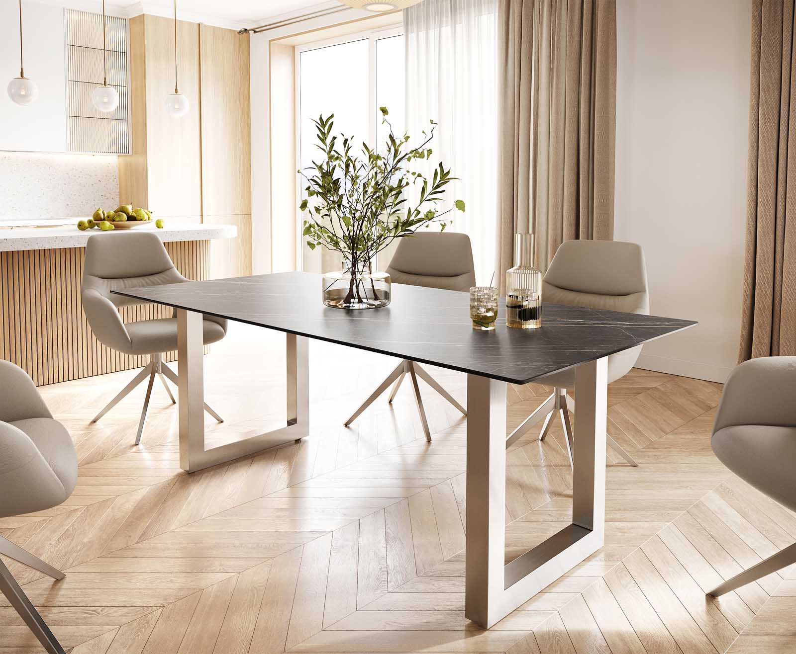 Stół do jadalni Edge 200x100 cm ceramika Laminam® Noir Desir brązowy stal nierdzewna szeroka rama