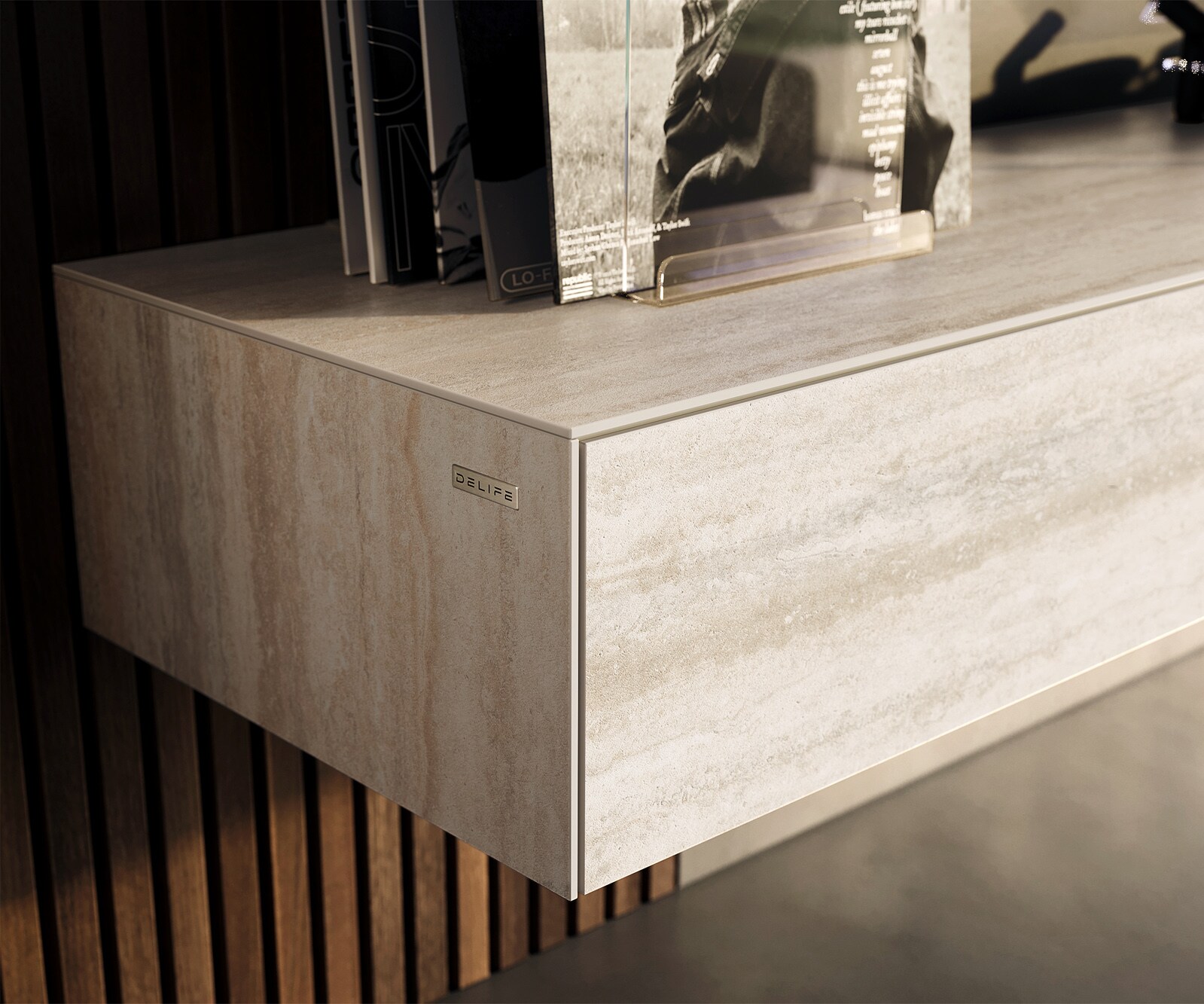 Szafka RTV Cuor 150 cm ceramika Laminam® Travertino Bianco kremowo-biała 1 klapa 1 szuflada podwieszana 5