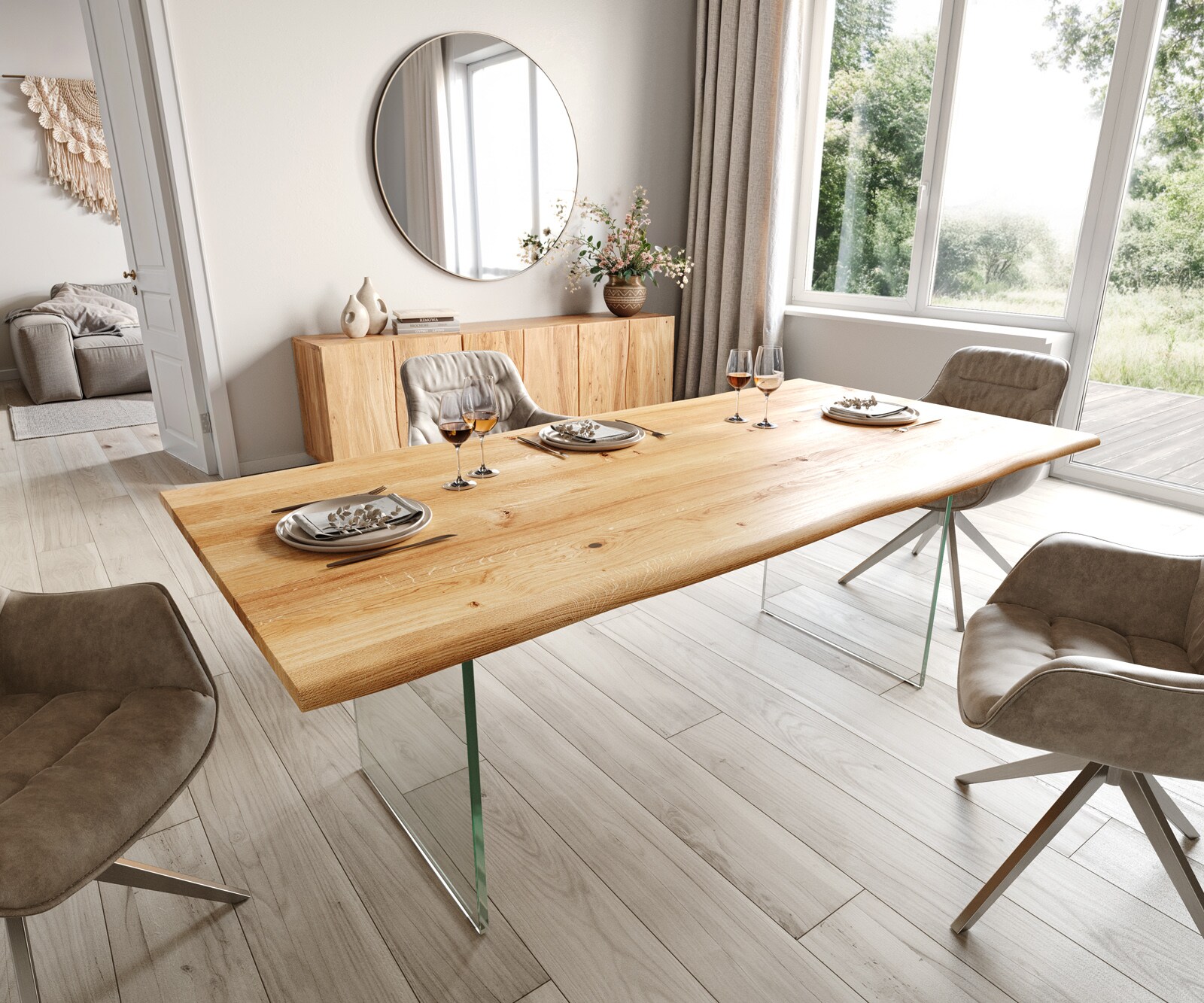 Stół do jadalni Edge 200x100x2,5-3 cm dąb naturalny szklane nogi live-edge