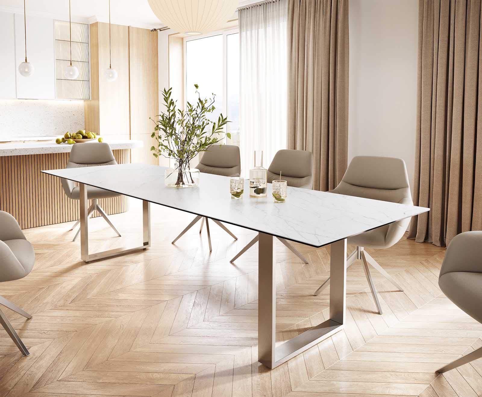 Stół do jadalni Edge 300x100cm ceramika Laminam® Statuarietto biały stal nierdzewna wąska rama