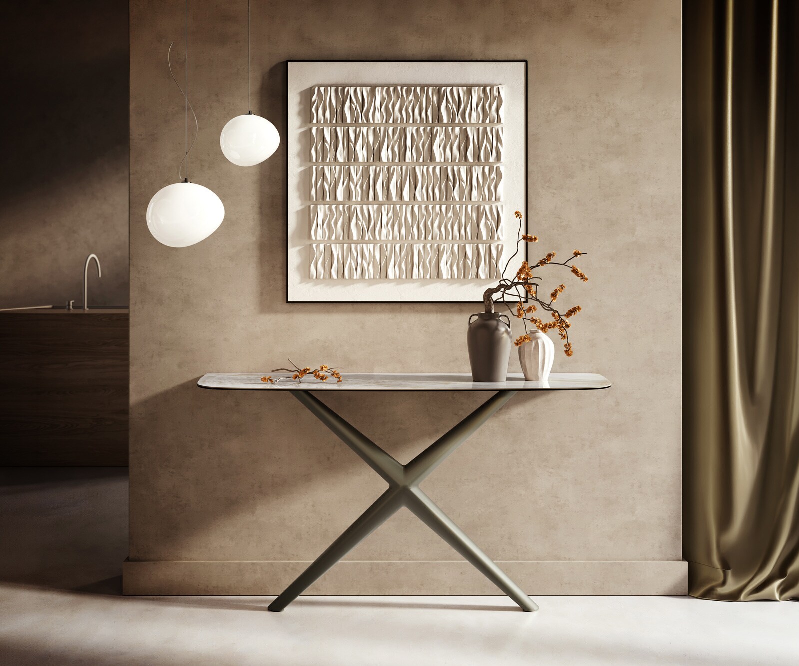 Konsola Edge w kształcie beczki 140x40 cm ceramika Onyx Pearl rama Estelo metal w kolorze tytanu 1