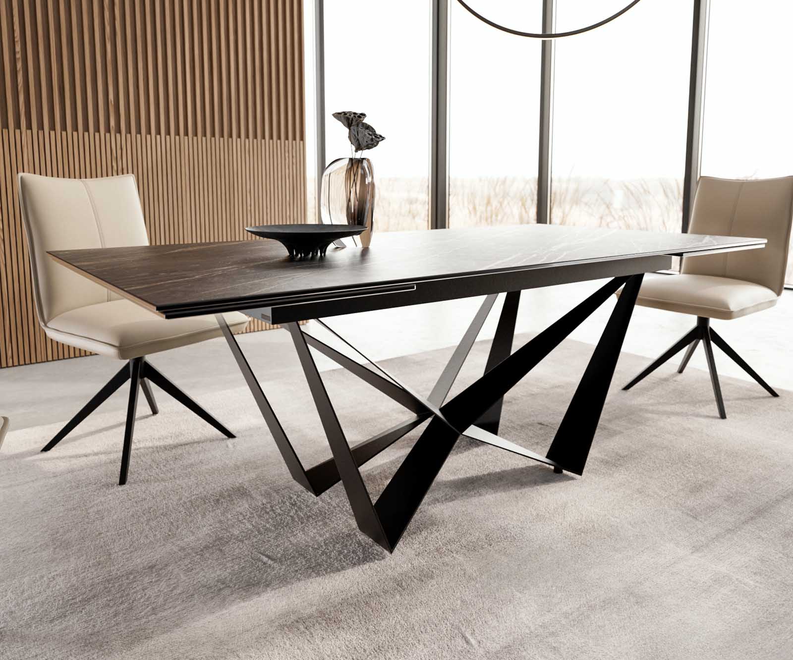 Stół do jadalni Edge 200-300x100 cm ceramika Laminam® Noir Desir brązowy rama Spider metal czarna rozkładany 6
