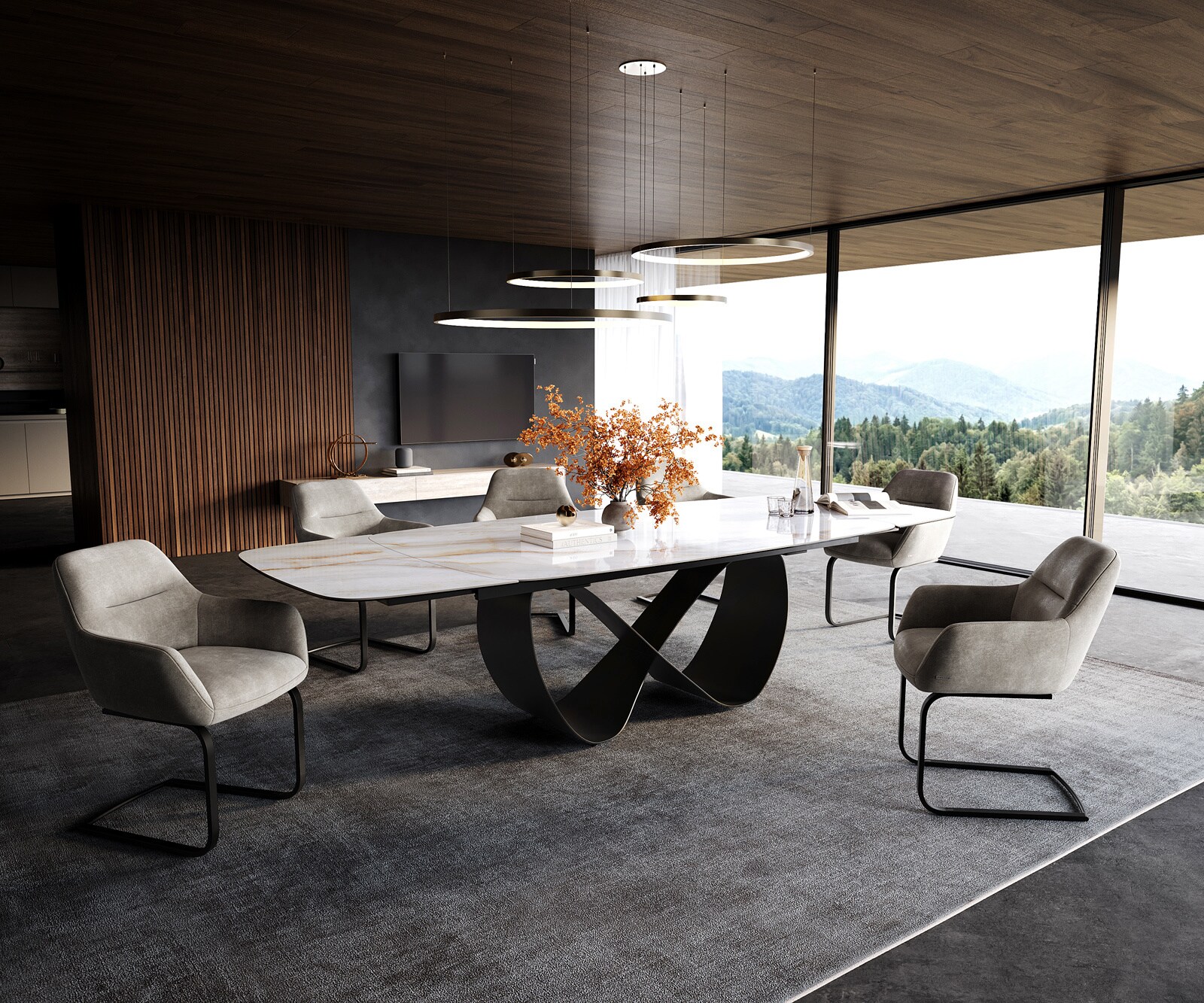 Stół do jadalni Edge w kształcie beczki 200-300x120 cm ceramika Onyx Pearl rama Infinity metal czarny rozkładany 7