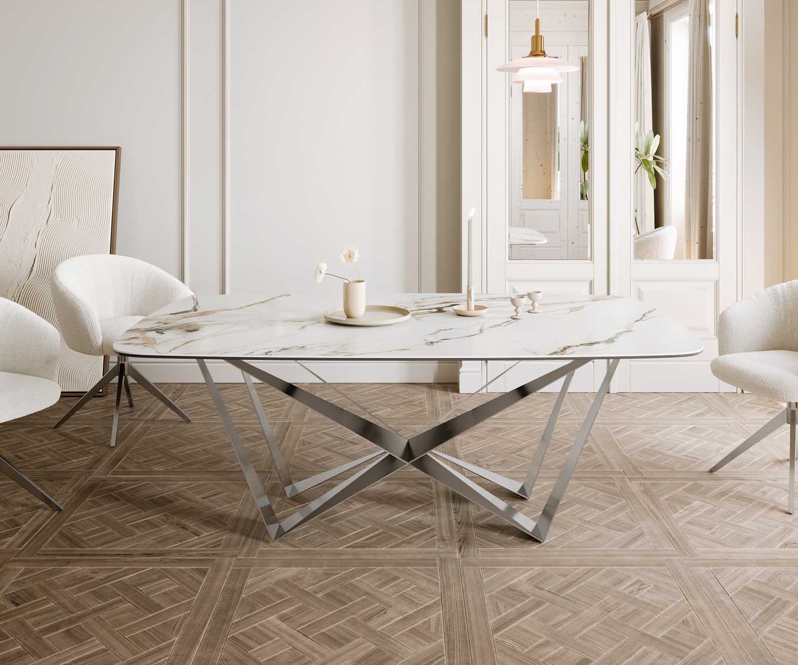 Stół do jadalni Edge kształt beczki 200x100cm ceramika Calacatta Luxe biało-złoto-szary rama Spider stal nierdzewna 1