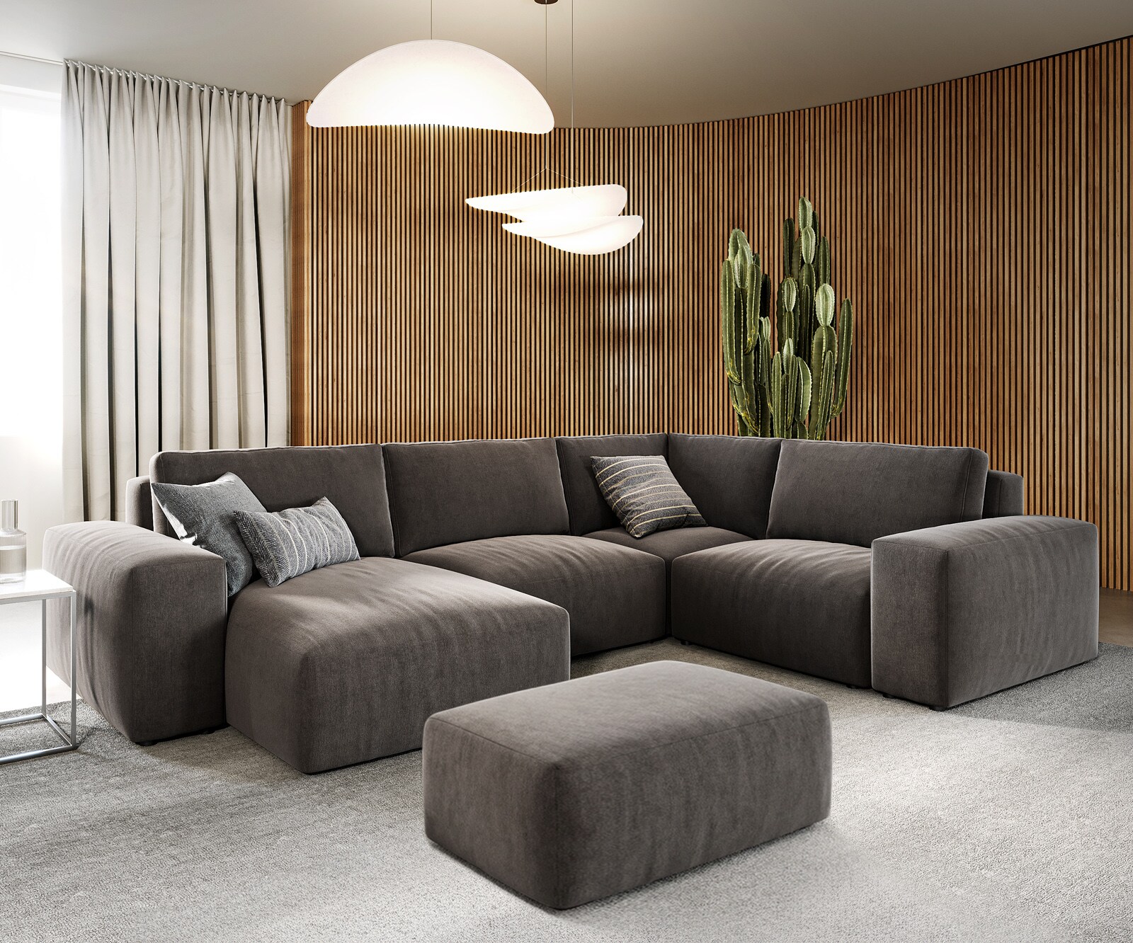 Sofa w kształcie litery U Lanzo 300x210 cm mikrofibra khaki szezlong z możliwością obustronnego montażu z pufem 2