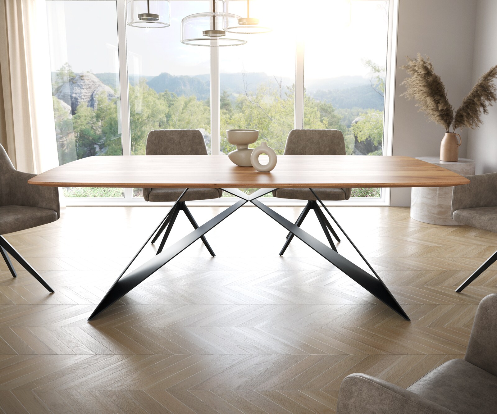 Stół do jadalni Edge kształt beczki 200x100cm akacja naturalna rama V metal czarna krawędź szwajcarska 2