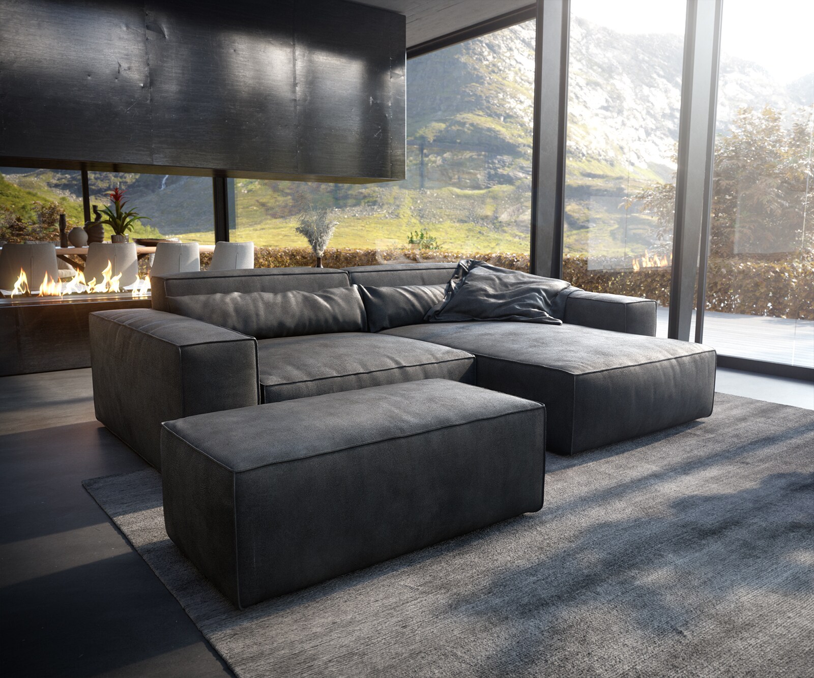 Sofa narożna Sirpio XL 270x170cm skóra ekologiczna antracyt vintage szezlong z możliwością zmiennego ustawienia z pufem