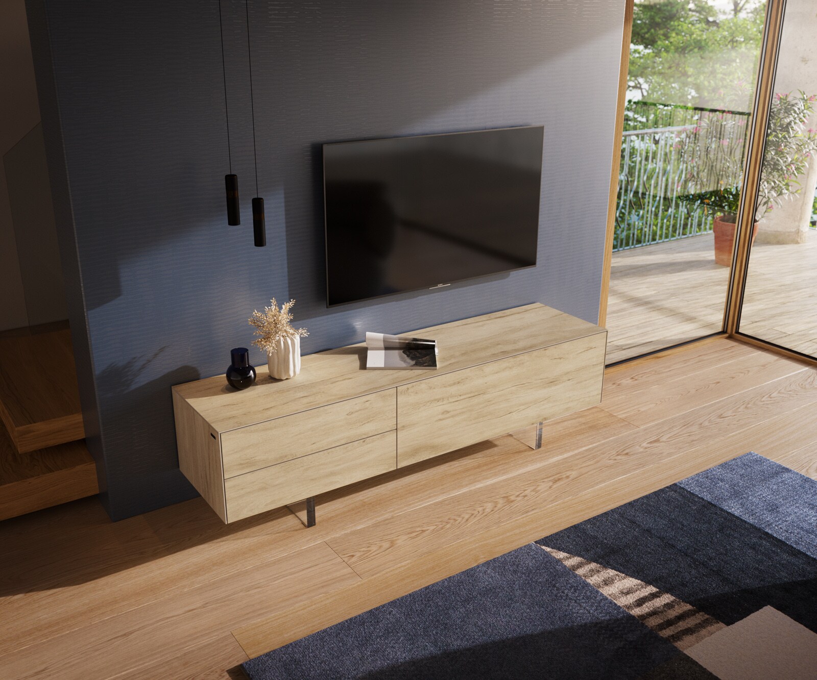 Szafka RTV Cuor 180 cm ceramika Laminam® Sabbia (kolor dębu) 1 klapa 2 szuflady nóżki akrylowe 4