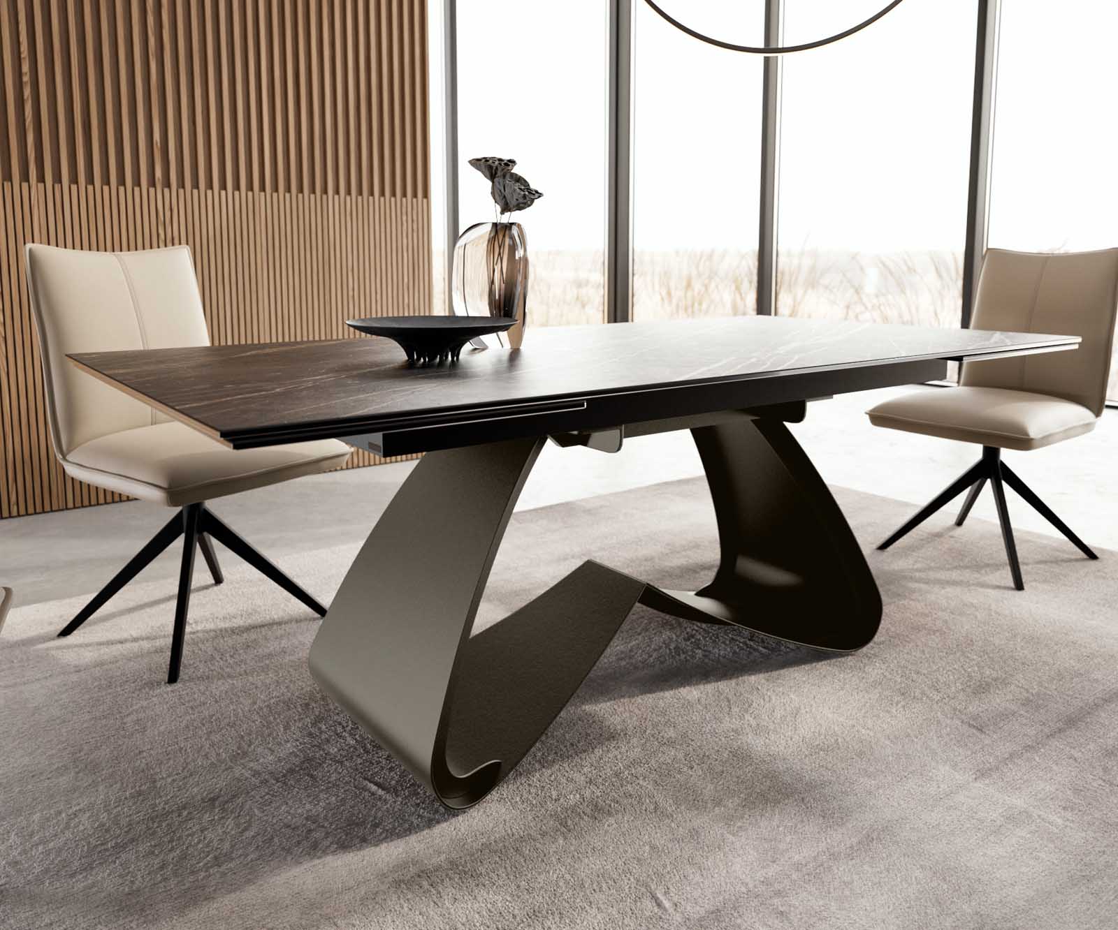 Stół do jadalni Edge 200-300x100 cm ceramika Laminam® Noir Desir brązowy rama W kolor tytanowy rozkładany 5