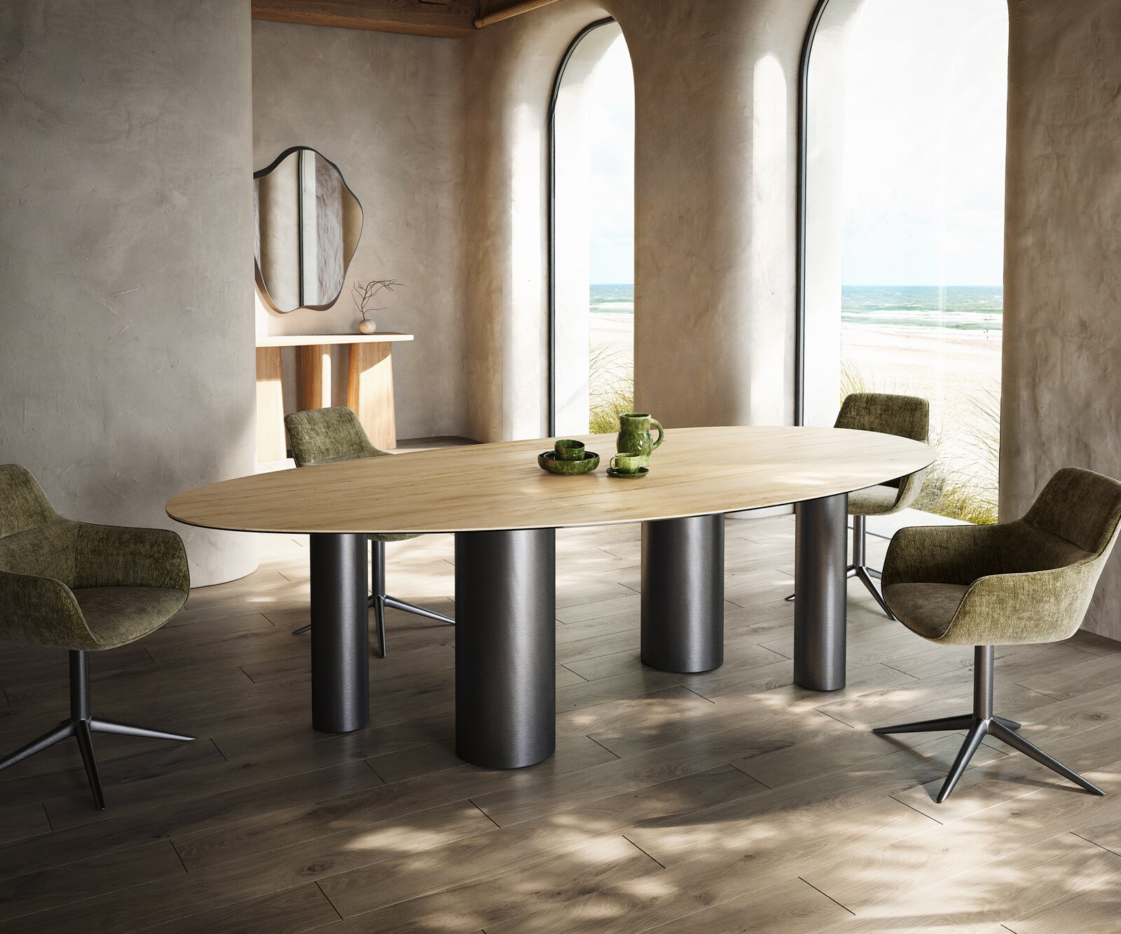 Stół do jadalni Edge owalny 280x130cm ceramika Laminam® Sabbia kolor dębowy rama Pilier stal nierdzewna kolor grafitowy 1