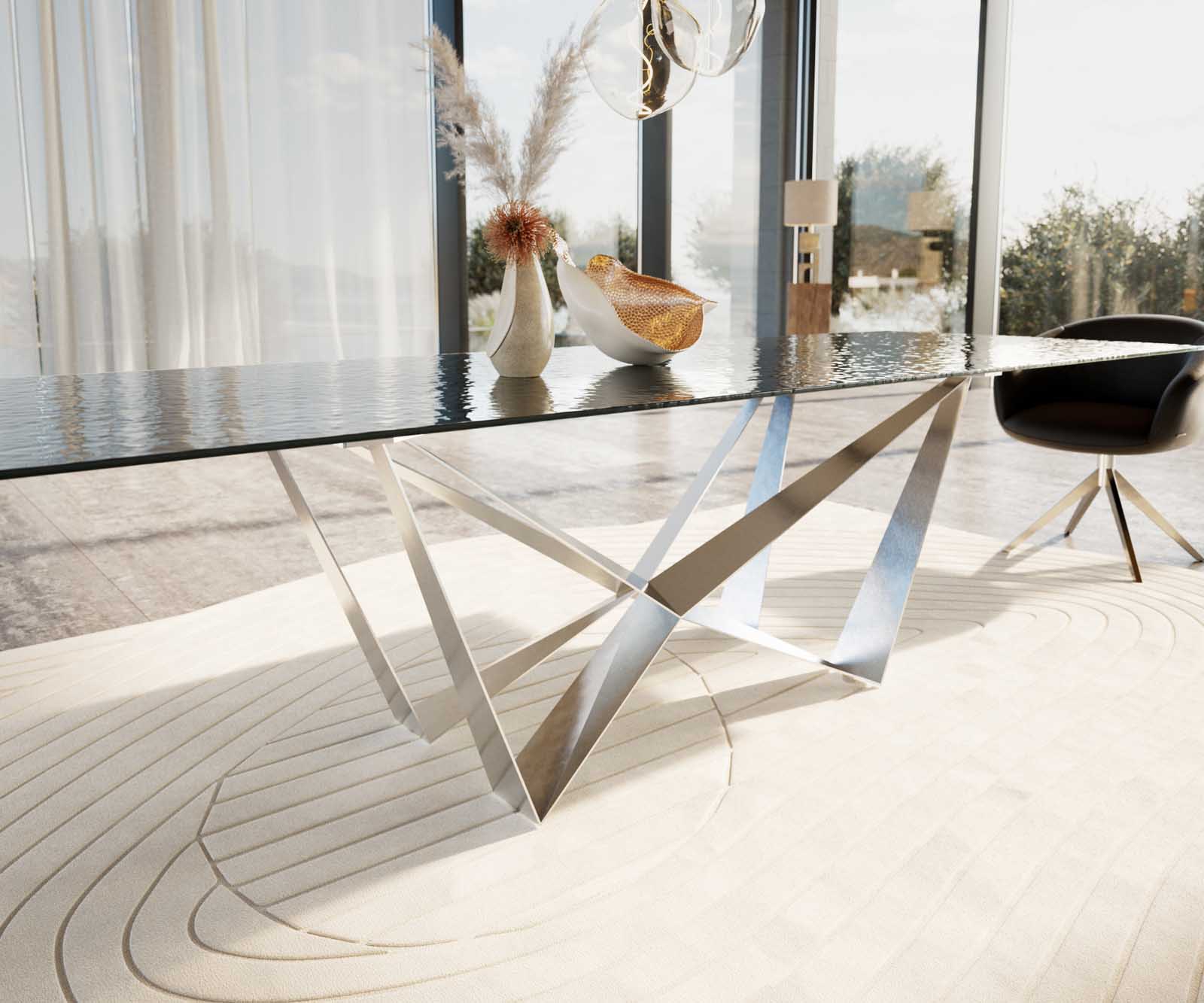 Stół do jadalni Edge 300x100cm szkło reliefowe czarne efekt 3D rama Spider stal nierdzewna 5
