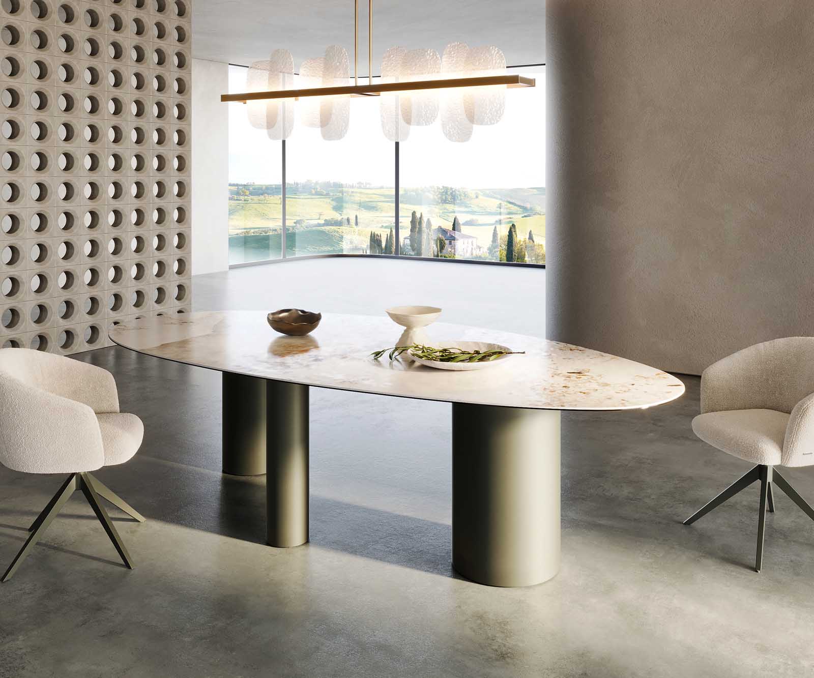 Stół do jadalni Edge owalny 280x130cm ceramika Minas Melange biało-beżowy rama Troa metal kolor tytanowy 6