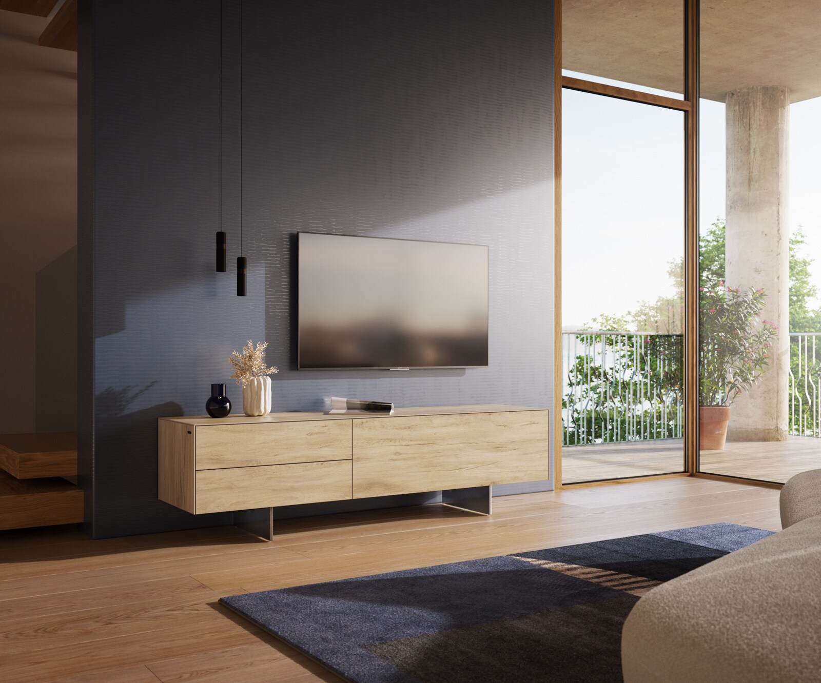 Szafka RTV Cuor 180 cm ceramika Laminam® Sabbia (kolor dębu) 1 klapa 2 szuflady nóżki wąskie stal nierdzewna 1