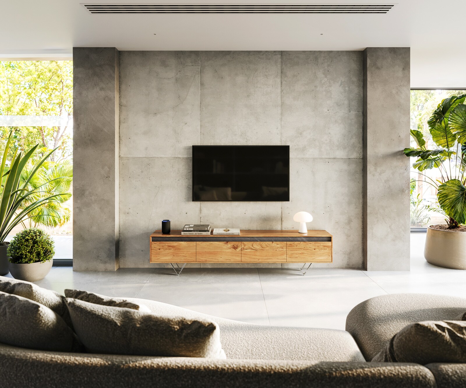 Szafka RTV Stonegrace 200 cm akacja naturalna łupek 4 szuflady 1