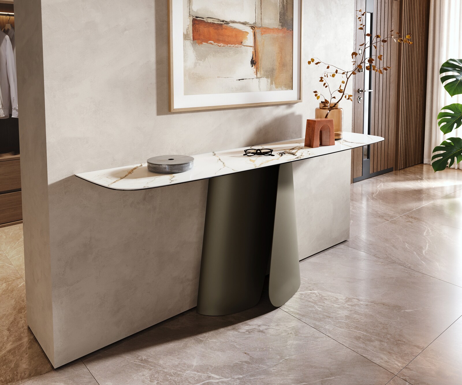 Konsola Edge w kształcie beczki 180x40 cm Calacatta Luxe biało-złoto-szara podstawa Livos metal w kolorze tytanu 4