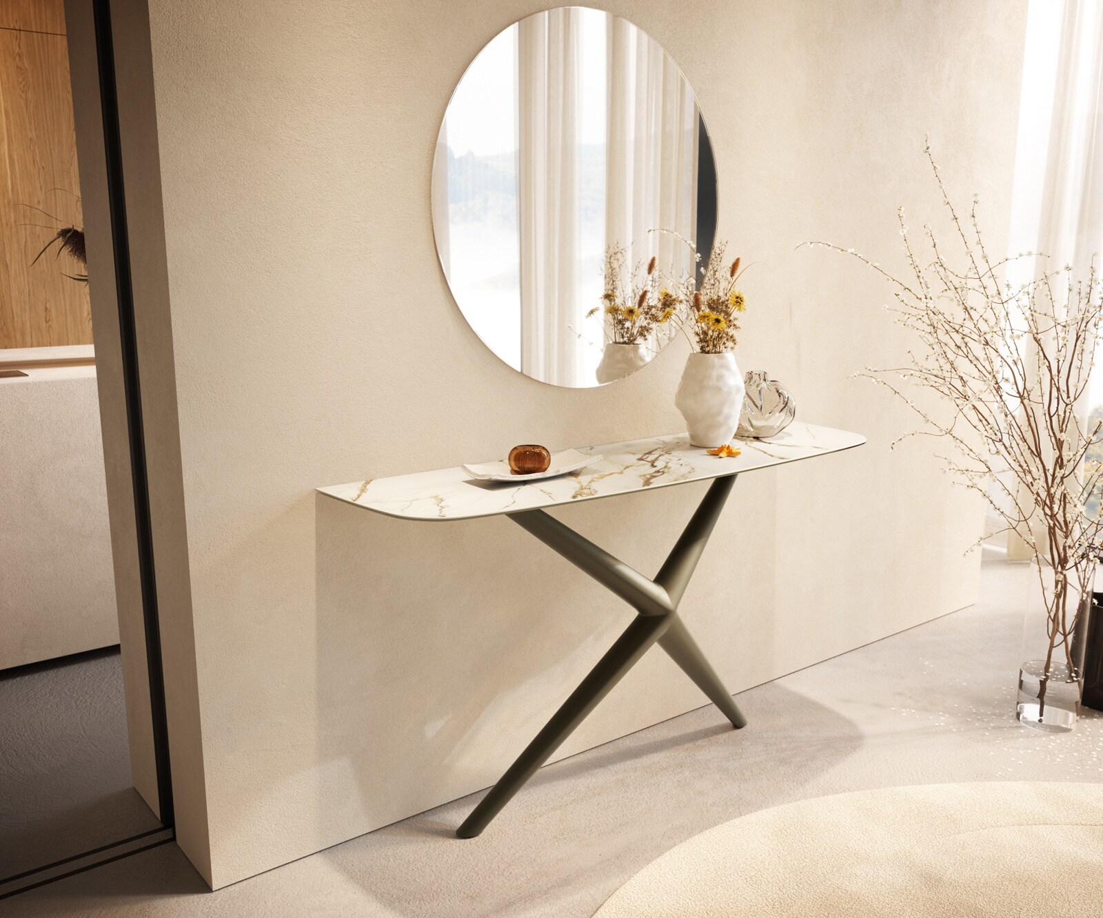 Konsola Edge w kształcie beczki 140x40 cm ceramika Calacatta Luxe biało-złoto-szara rama Estelo metal w kolorze tytanu 4