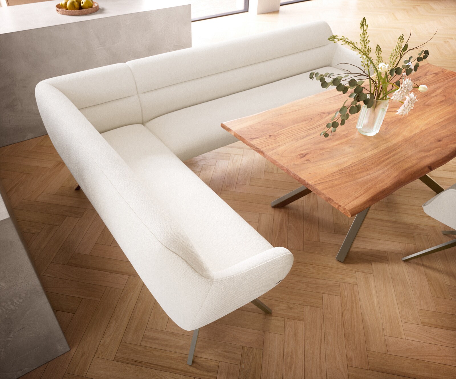 Ławka do jadalni Taya-Flex 285x190 cm bouclé kremowo-biały podstawa krzyżowa kątowa w kolorze tytanu sprężyny kieszeniowe prawa 4