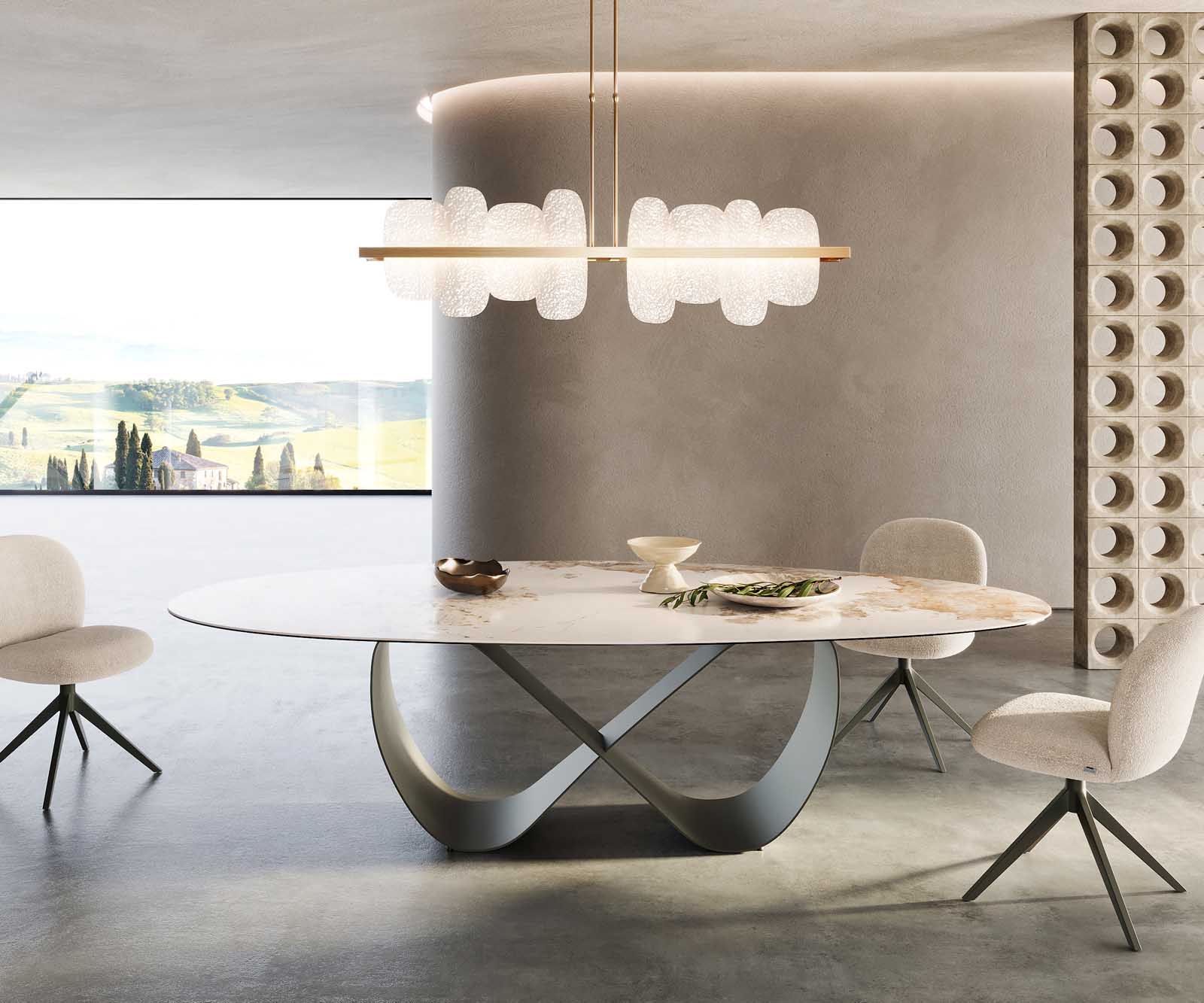 Stół do jadalni Edge owalny 280x130cm ceramika Minas Melange biało-beżowy rama Infinity metal kolor tytanowy
