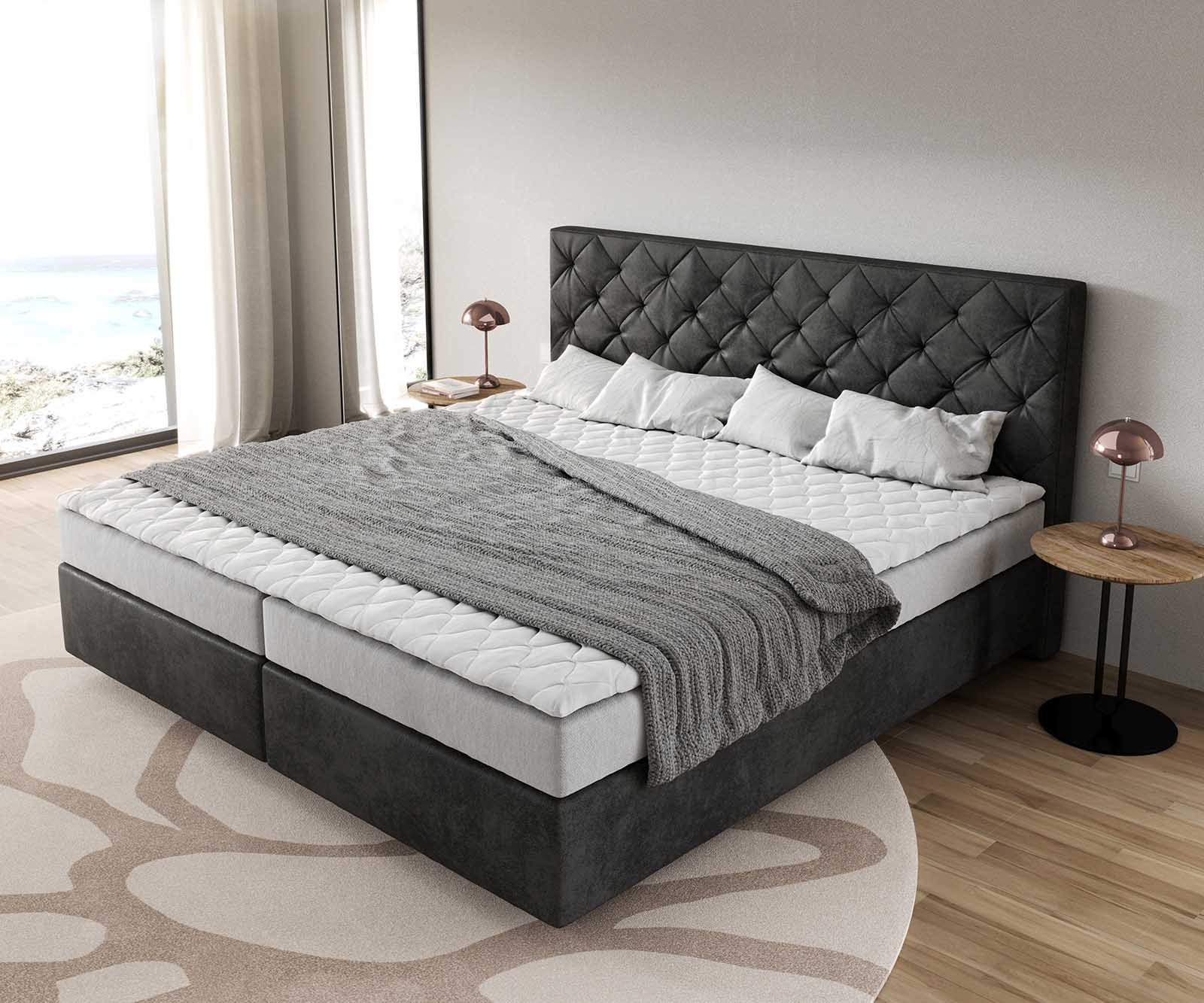 Łóżko kontynentalne Dream-Great mikrofibra antracyt vintage 200x200cm materac bonellowy topper PU 3