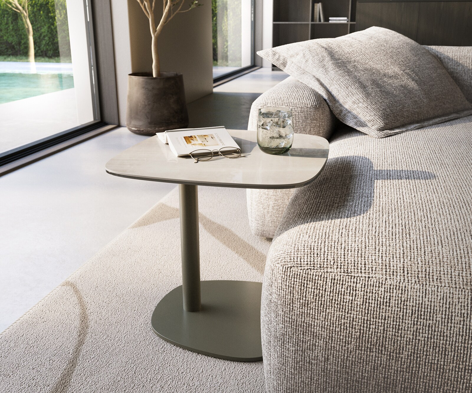 Stolik kawowy Edge w kształcie beczki 50x50 cm ceramika Onyx Champagne podstawa Eleny metal kolor tytanowy 1