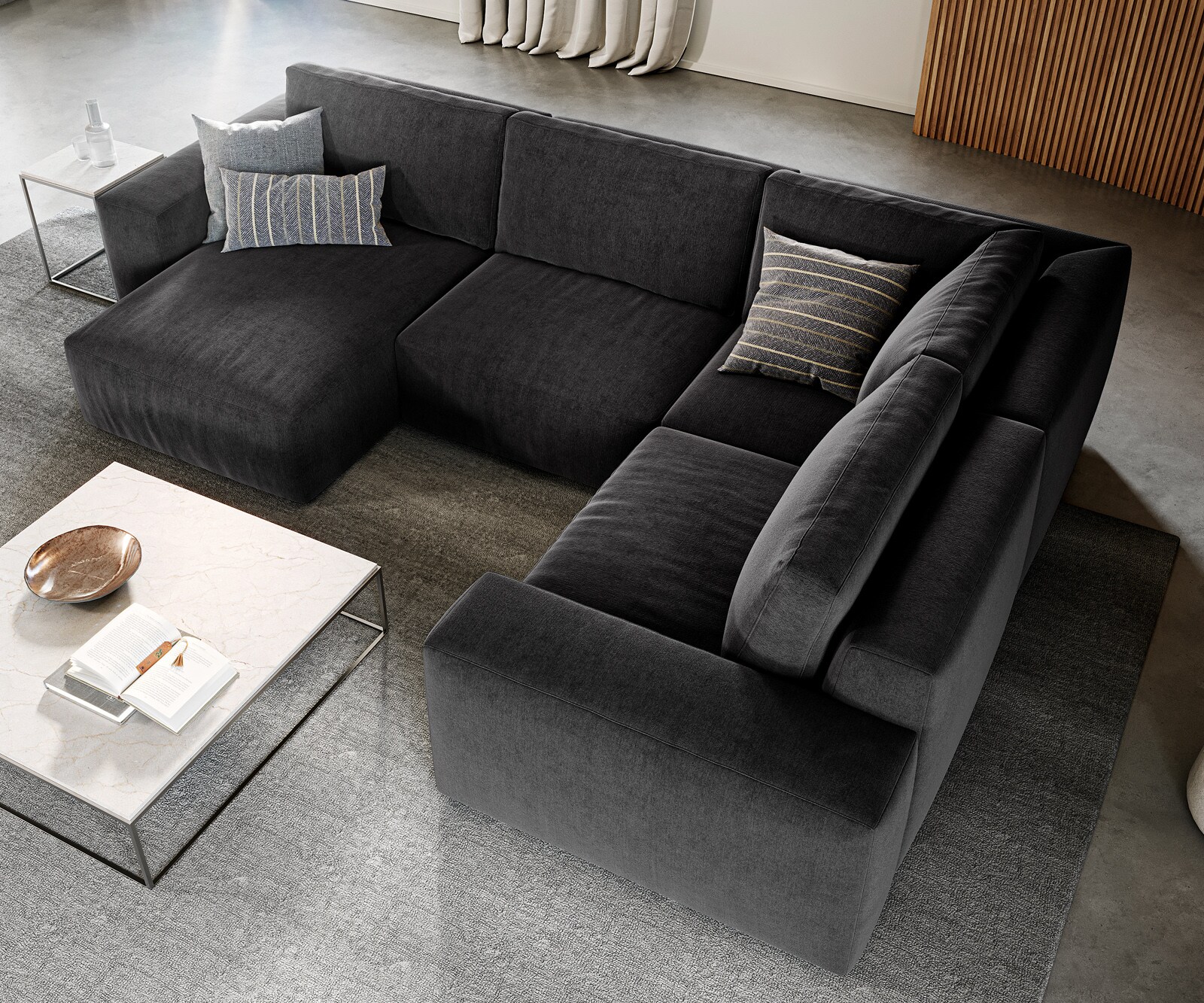 Sofa w kształcie litery U Lanzo 300x210 cm mikrofibra czarna szezlong z możliwością obustronnego montażu z pufem 3