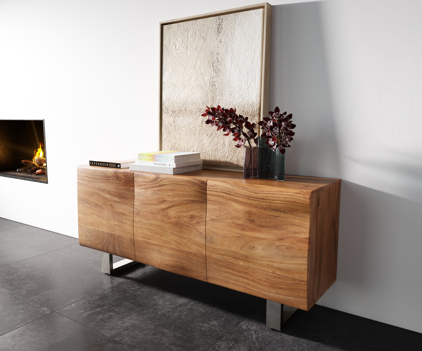 Komoda New Live-Edge 145 cm akacja naturalna 3 drzwi nóżki płozowe szczotkowana stal nierdzewna 1