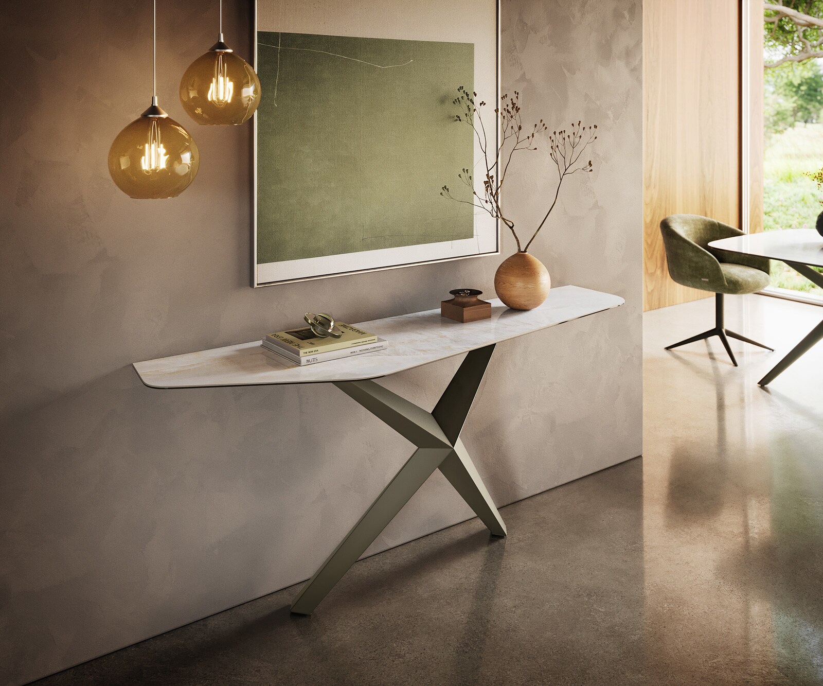 Konsola Edge wielokątna 180x50 cm ceramika Onyx Pearl podstawa Zentharo metal w kolorze tytanu 1