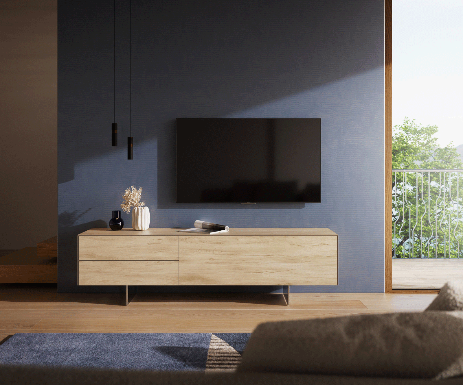 Szafka RTV Cuor 180 cm ceramika Laminam® Sabbia (kolor dębu) 1 klapa 2 szuflady nóżki wąskie stal nierdzewna 2