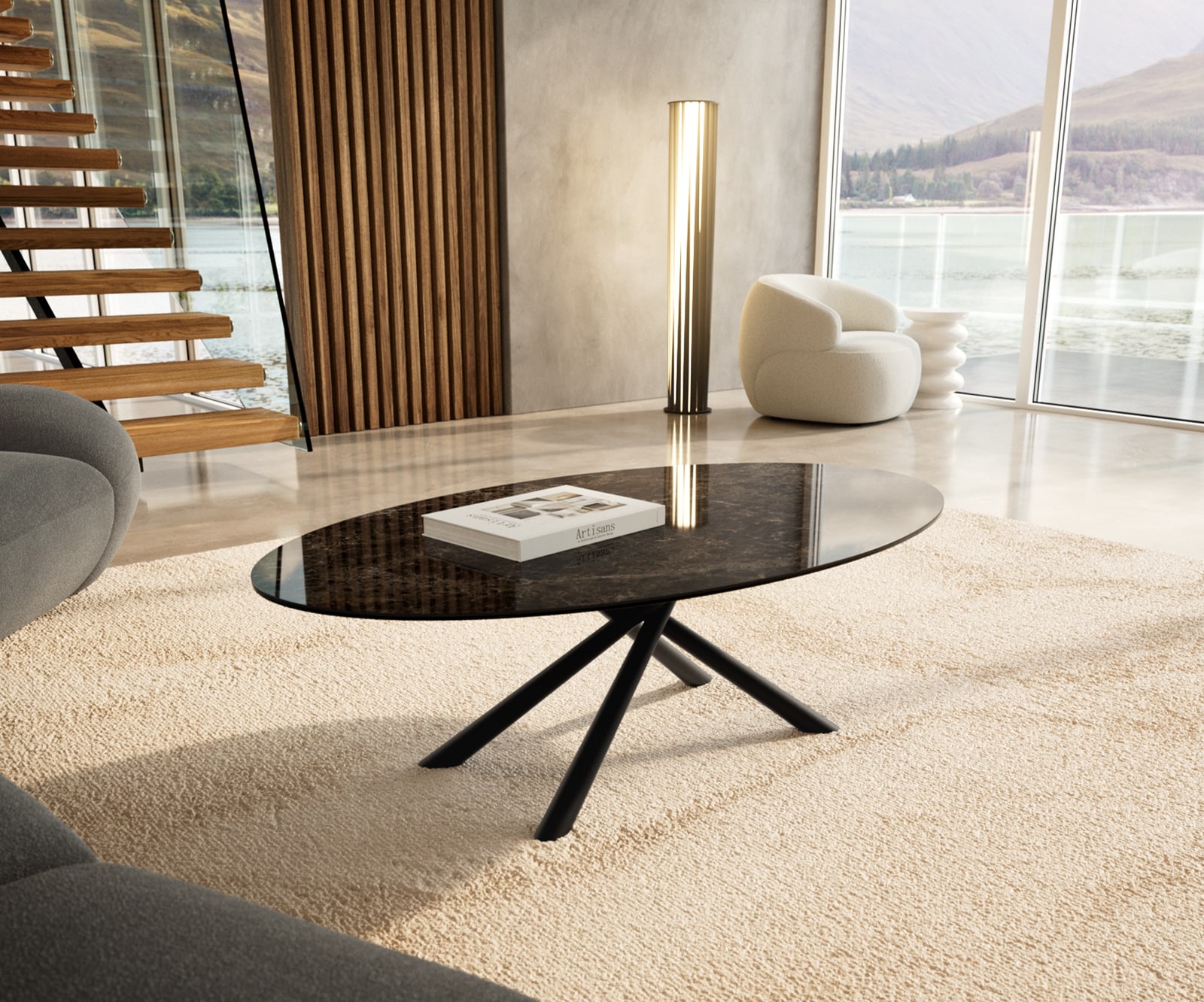 Stolik kawowy Edge owalny 140x80 cm ceramika Laminam® Emperador Extra Lucidato ciemnobrązowa podstawa Sarity metal czarny 1