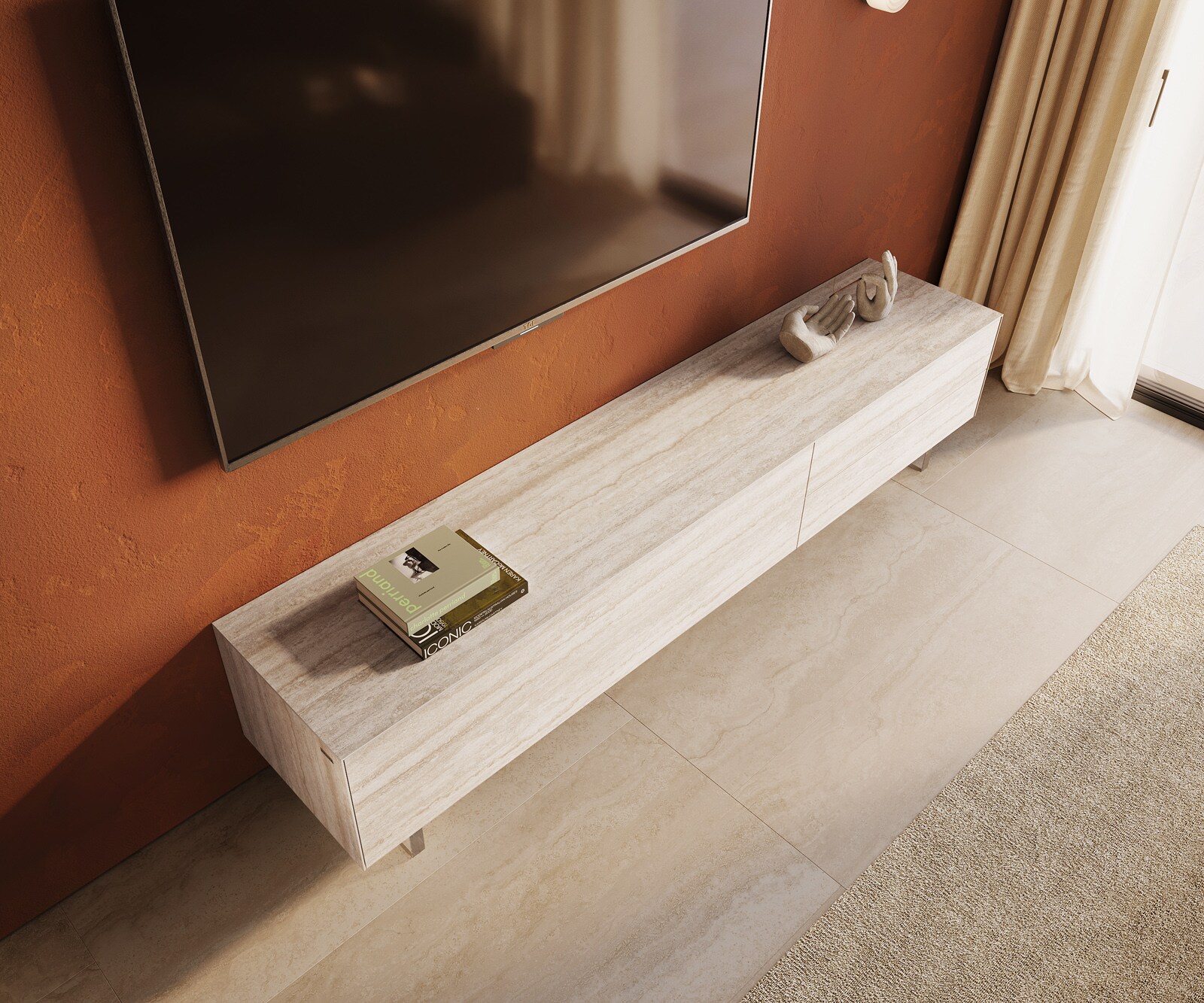 Szafka RTV Cuor 220 cm ceramika Laminam® Travertino Bianco kremowo-biała 1 klapa 2 szuflady nóżki akrylowe 4