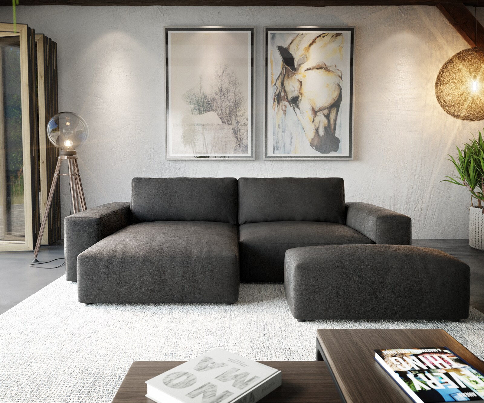 Sofa narożna Lanzo XL 270x180cm skóra ekologiczna antracyt vintage szezlong z możliwością zmiennego ustawienia z pufem 1