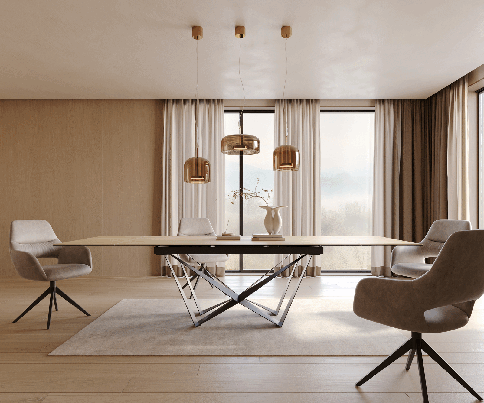 Stół do jadalni Edge 200-300x100 cm ceramika Laminam® Sabbia kolor dębu rama Spider metal czarna rozkładany 2